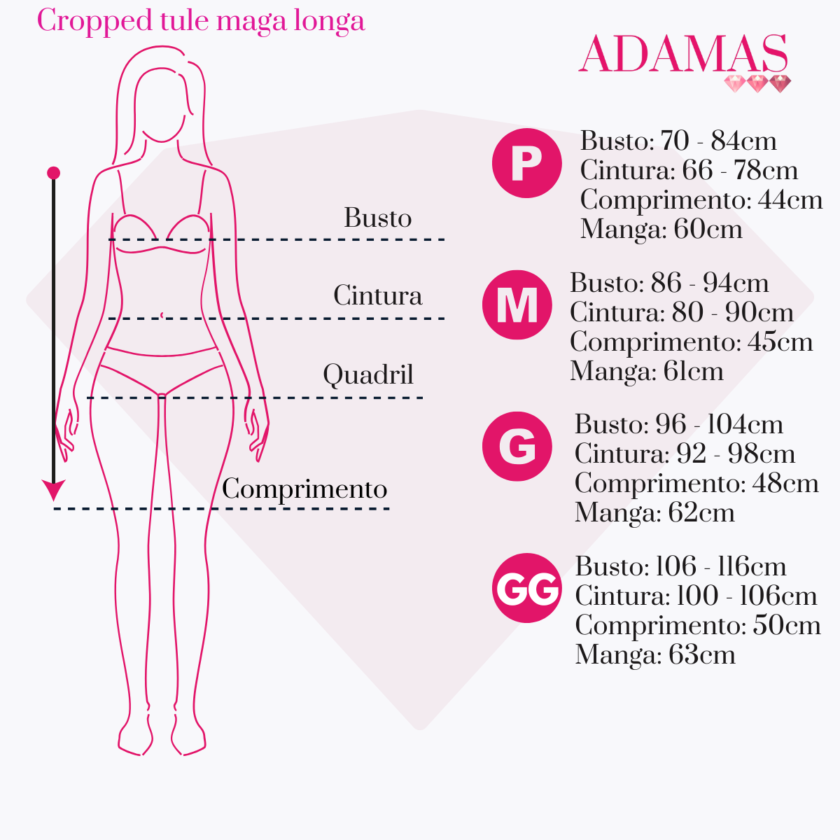 medidas cropped tule manga longa